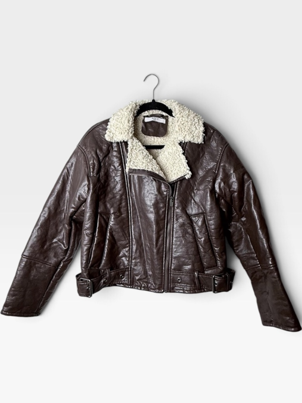 Grey Bandit City Street Sherpa Faux Leather Jacket Women's Size XS Brown Winter